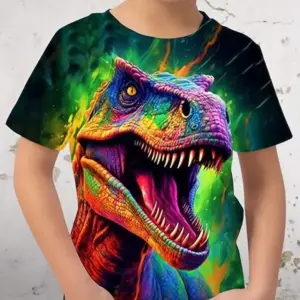 Kind im T-Shirt mit großem Dinosaurierkopf-Aufdruck in leuchtenden Farben
