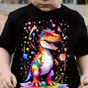 Schwarzes Kinder-T-Shirt mit buntem Dinosaurier-Aufdruck, getragen von einem Kleinkind