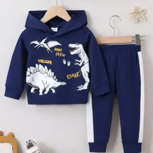 Marineblaues Kinder-Set mit Kapuzenpullover und Hose mit weißem Dinosaurier-Aufdruck