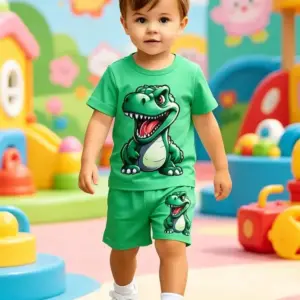 Kleiner Junge in grünem Set mit Dinosaurier-Aufdruck auf Shirt und Shorts in einer bunten Spielwelt