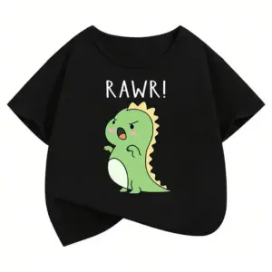 Schwarzes Kinder-T-Shirt mit grünem Cartoon-Dino-Aufdruck