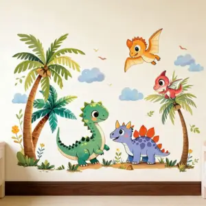 Wandaufkleber mit grünem Dinosaurier, Palmen und Flugsaurier im Kinderzimmer