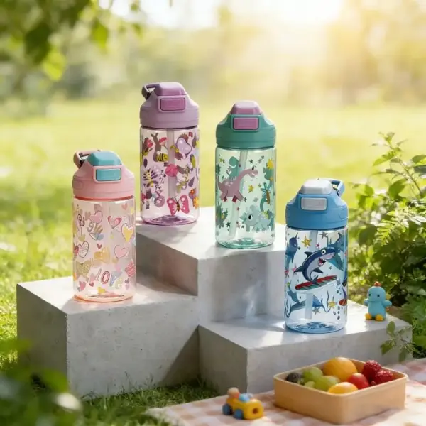Trinkflasche mit Strohhalm und Klappdeckel, Tiermotive