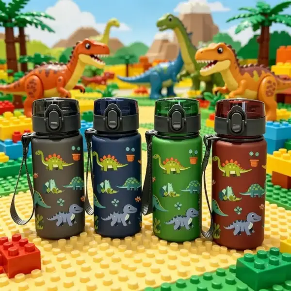 Trinkflasche mit Dino-Motiv, Klappdeckel und Trageschlaufe