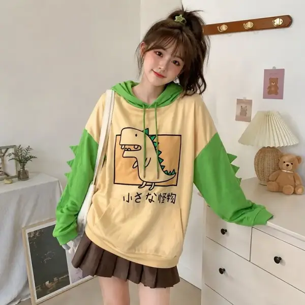 Damen Kapuzenpullover mit Dino-Aufdruck und Zacken an den Ärmeln