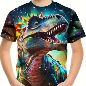 Kinder-T-Shirt mit buntem Dinosaurier-Kopf auf Weltraum-Hintergrund, getragen