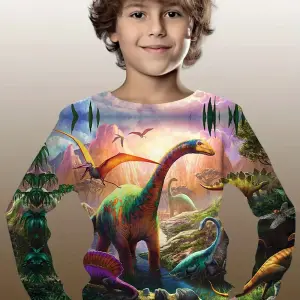 Langärmeliges Kinder-Shirt mit buntem Dinosaurier-Landschaftsaufdruck, getragen