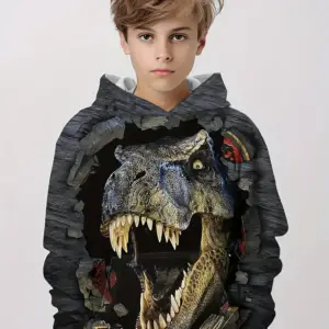 Junge im grauen Kapuzenpullover mit großem Dinosaurier-Kopf-Aufdruck