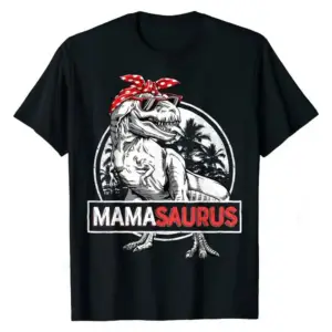 Schwarzes T-Shirt mit Dinosaurier-Aufdruck, roter Bandana und Sonnenbrille