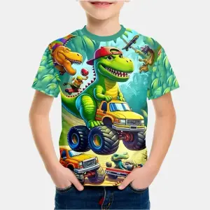 Grünes Kinder-T-Shirt mit Dinosaurier auf Monstertruck, getragen von einem Jungen