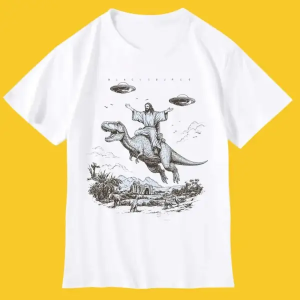 T-Shirt mit Dinosaurier-Reiter und Ufos, kurzarm