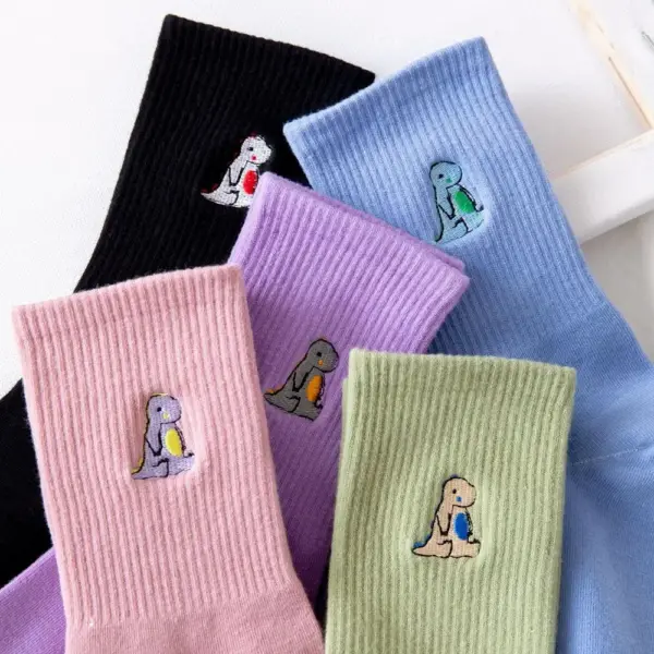 Damen Socken mit gesticktem Dino, gerippt