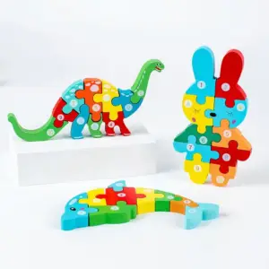 Bunte Holzpuzzles mit Zahlen in Form von Dinosaurier, Hase und Delfin