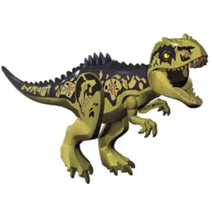 Dinosaurier-Spielfigur in Gelbgrün mit schwarzen Mustern auf weißem Hintergrund