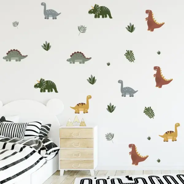 Dinosaurier Wandtattoo Set mit Blättern fürs Kinderzimmer