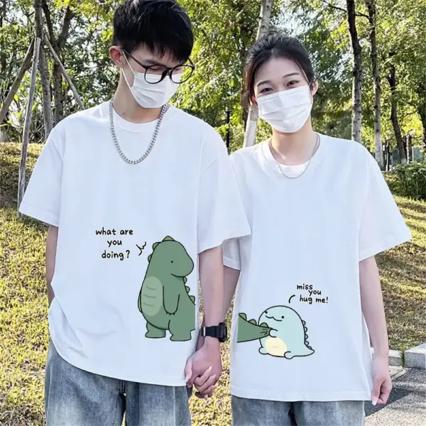 Partner T-Shirt mit Dinosaurier-Paar-Motiv und Rundhals
