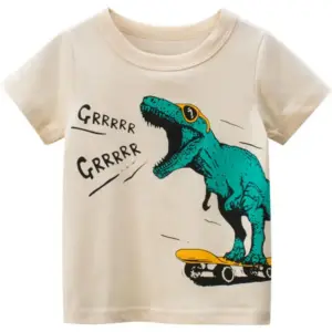 Beiges Kinder-T-Shirt mit grünem Dinosaurier auf gelbem Skateboard