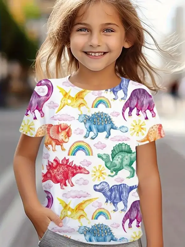 Mädchen T-Shirt kurzarm mit Dinosaurier-Aquarellmotiven – Bild 2