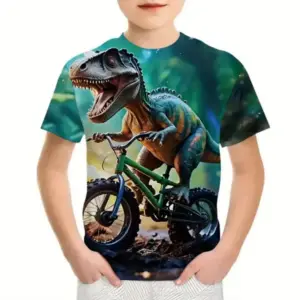 Kinder-T-Shirt mit Dinosaurier auf Fahrrad im Dschungel-Motiv, getragen