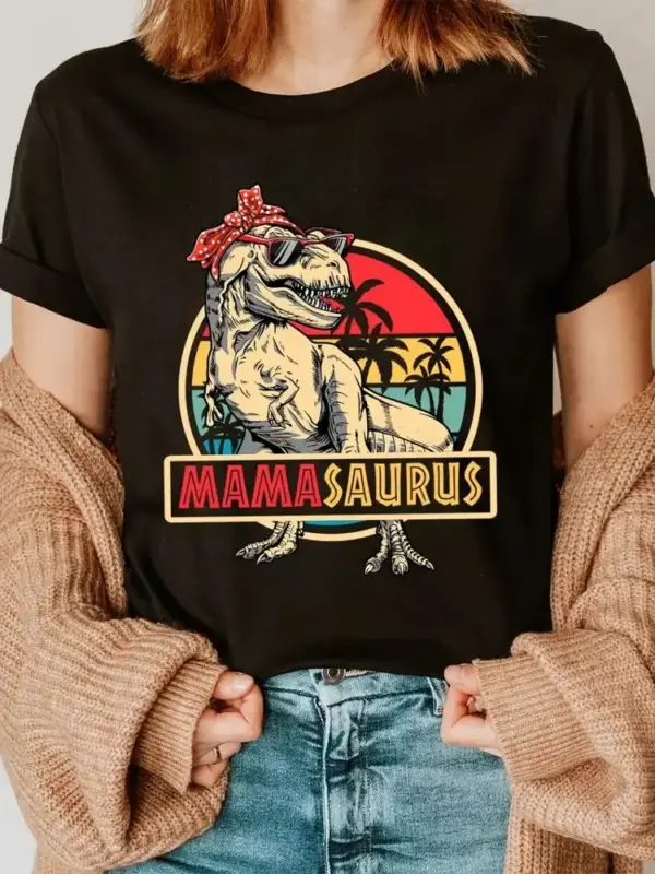 T-Shirt Damen mit Dinosaurier-Motiv, Rundhals, kurze Ärmel