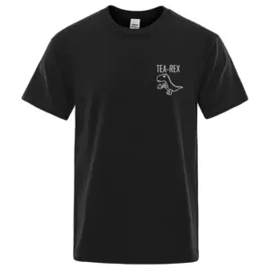 Schwarzes T-Shirt mit kleinem weißem Dinosaurier-Aufdruck auf der Brust