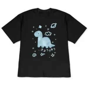 Schwarzes Oversize-T-Shirt mit hellblauem Dinosaurier-Aufdruck und kleinen Symbolen