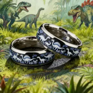 Zwei Ringe in Silber und Schwarz mit weißem Dinosaurier-Muster im Dschungel