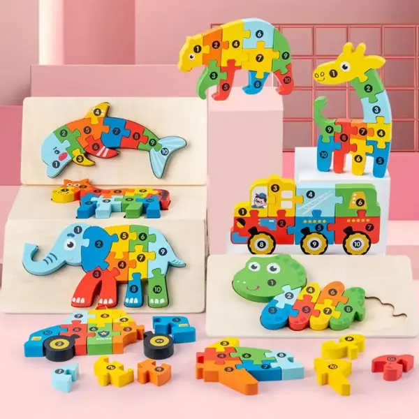 3D Holzpuzzle mit Tier- und Fahrzeugmotiven und Zahlen