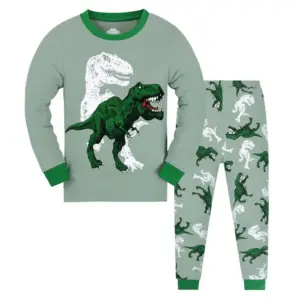 Grauer Schlafanzug für Kinder mit grünem Dinosaurier-Aufdruck und Hose