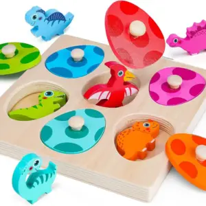 Steckpuzzle mit bunten gepunkteten Eiern und Dinosaurier-Figuren auf Grundplatte
