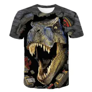 Schwarzes Kinder-T-Shirt mit großem Tyrannosaurus-Kopf im Maul, flach fotografiert
