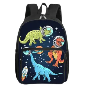 Rucksack mit Dinosaurier-Astronauten-Motiv auf dunkelblauer Front und Fronttasche