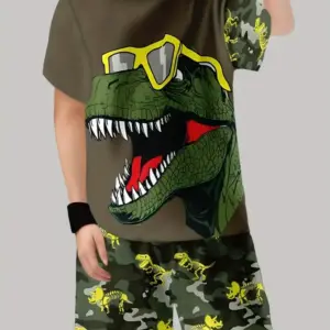 Kinder-Set aus braunem T-Shirt mit Dinosaurier-Kopf und Camouflage-Shorts, getragen