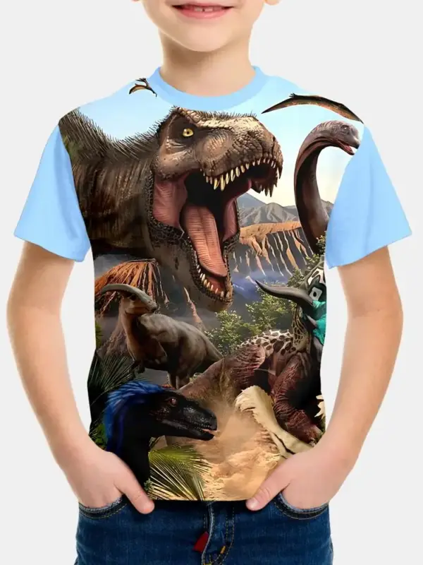 Kinder T-Shirt kurzarm mit Dinosaurier-Aufdruck, Rundhals – Bild 2