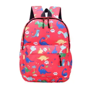 Roter Kinderrucksack mit buntem Dinosaurier-Muster und Fronttasche, frei gestellt