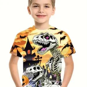 Kinder-T-Shirt in Orange mit Skeletten vor einem Spukhaus, getragen