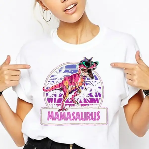 Damen T-Shirt mit Dinosaurier und Sonnenbrille, Rundhals – Bild 2