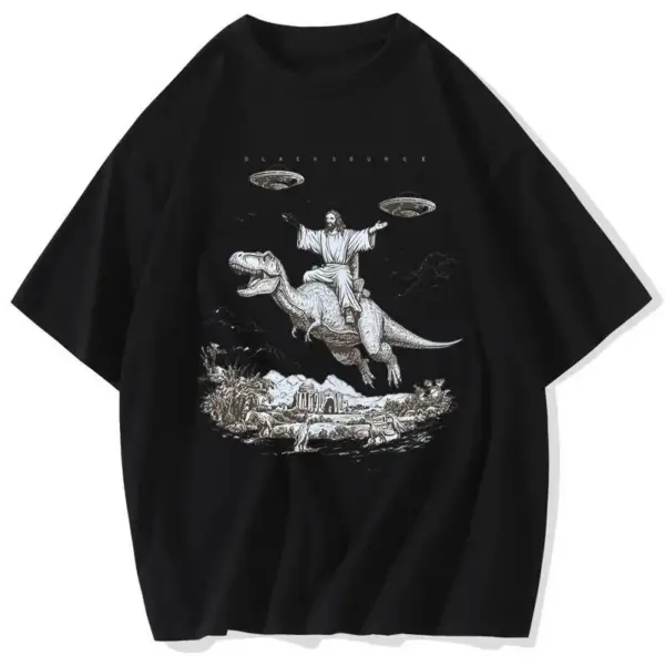 T-Shirt mit Dinosaurier-Reiter und Ufos, kurzarm – Bild 2