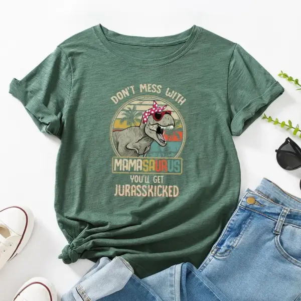 Damen T-Shirt mit T-Rex Aufdruck, Sonnenbrille und Kopftuch