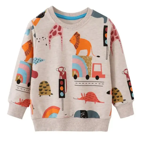 Kinder Sweatshirt mit Tier- und Fahrzeugmotiven, Rippbündchen