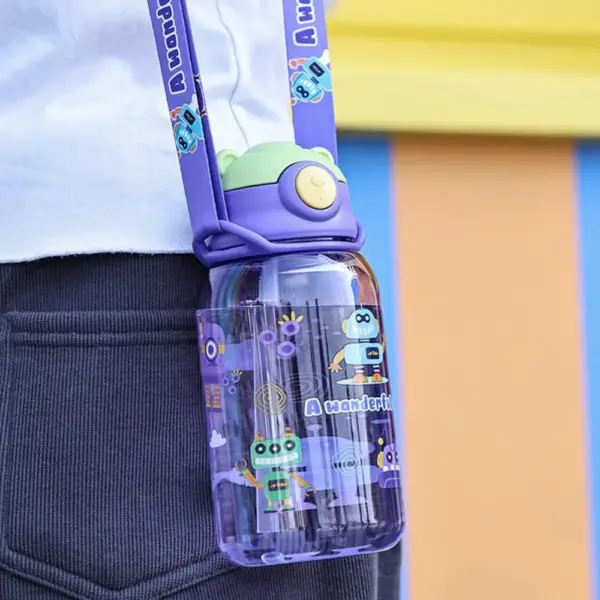 Kinder Trinkflasche mit Strohhalm, Klappdeckel und Trageband – Bild 3