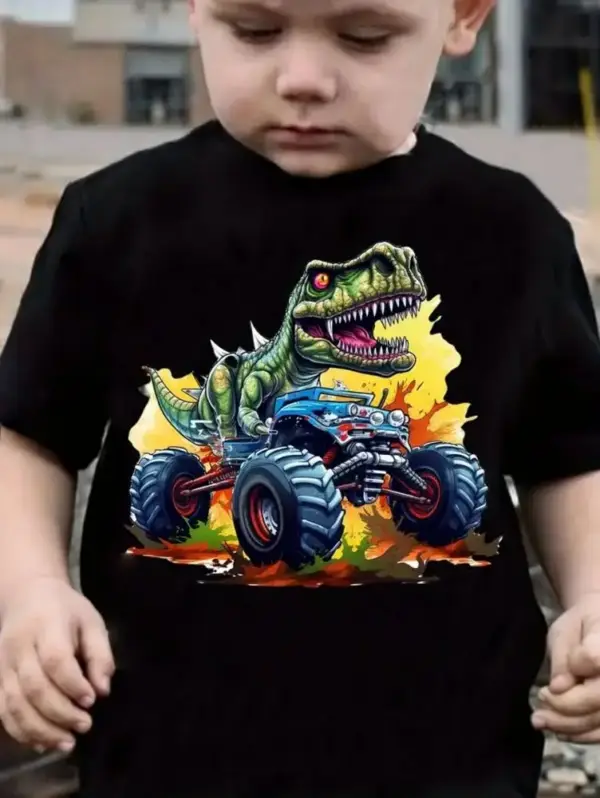 Kinder T-Shirt mit Dinosaurier-Motiven und Monstertrucks – Bild 3