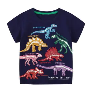 Dunkelblaues Kinder-T-Shirt mit buntem Dinosaurier-Skelett-Aufdruck von vorn