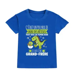 Blaues Kinder-T-Shirt mit grünem Dinosaurier-Aufdruck und Schriftzug