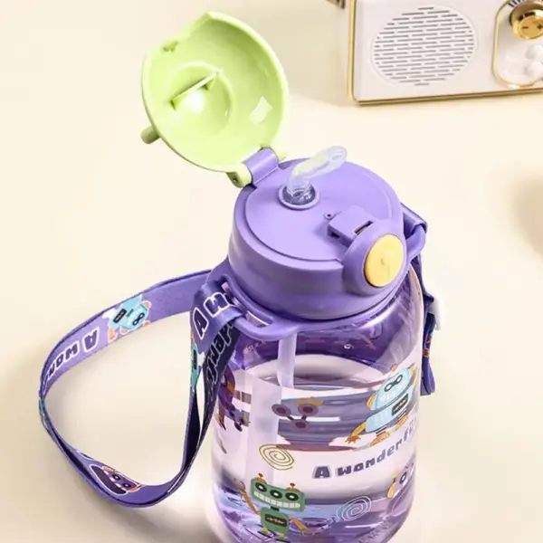 Kinder Trinkflasche mit Strohhalm, Klappdeckel und Trageband – Bild 4