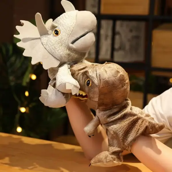 Dinosaurier Handpuppe mit offenem Maul, T-Rex und Triceratops