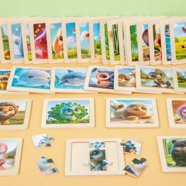 Holzpuzzle mit Tiermotiven im Cartoon-Stil, Land- und Meerestiere – Bild 4