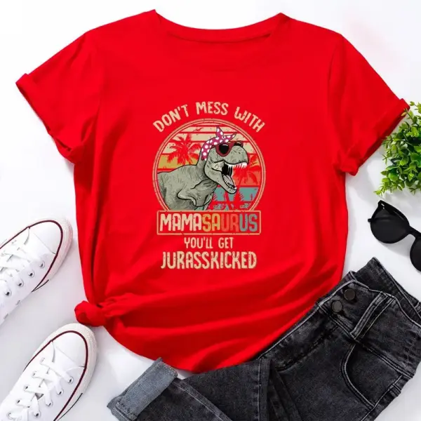 Damen T-Shirt mit T-Rex Aufdruck, Sonnenbrille und Kopftuch – Bild 10