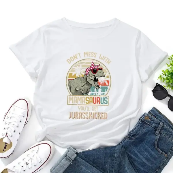 Damen T-Shirt mit T-Rex Aufdruck, Sonnenbrille und Kopftuch – Bild 15