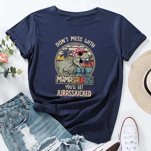 Damen T-Shirt mit T-Rex Aufdruck, Sonnenbrille und Kopftuch – Bild 8